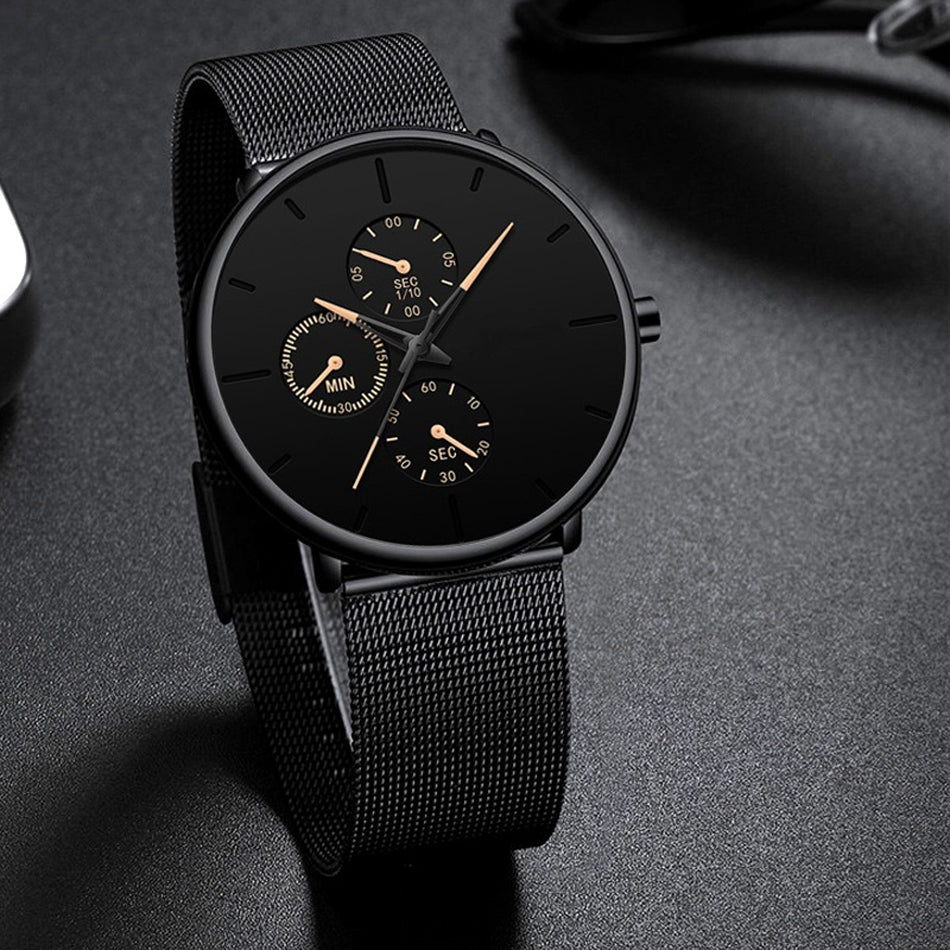 Fashion Mens Business Black Watches Luxury Stainless Steel Ultra Thin Mesh Belt Quartz Men Wrist Watch Casual Classic Male Watch