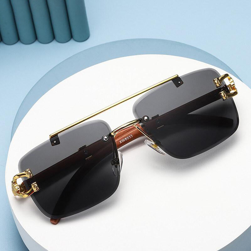 Fashion Retro Design Sunglasses for Men Double Bridge Sunglasses Wood Grain Metal Frame Shades Glasses