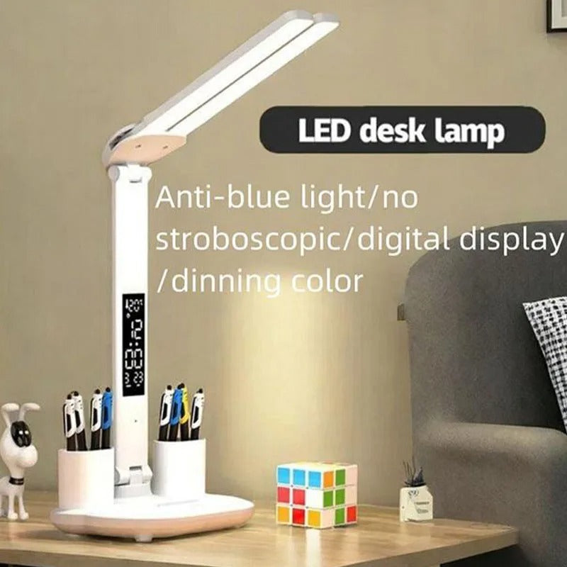 NEWUSB Rechargeable LED Clock Dimmable Desk Lamp 2 Heads 180 Degree Rotation Foldable Desktop Reading Night Light Eye Protection