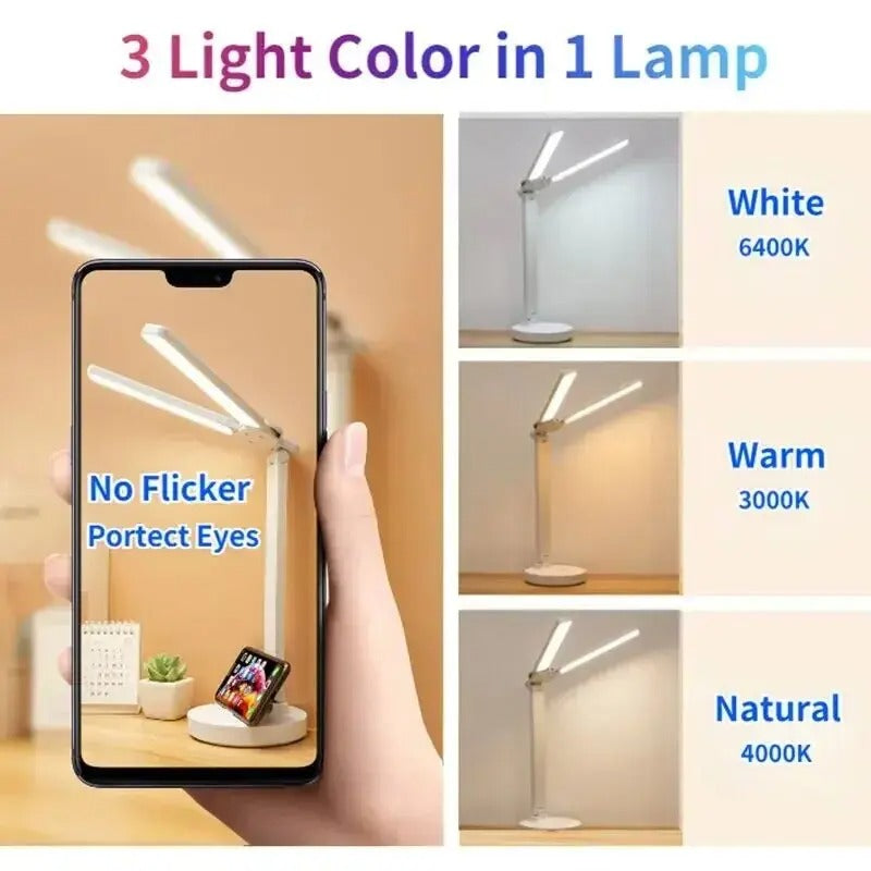 NEWUSB Rechargeable LED Clock Dimmable Desk Lamp 2 Heads 180 Degree Rotation Foldable Desktop Reading Night Light Eye Protection