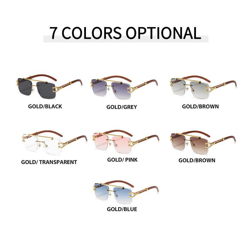 Fashion Retro Design Sunglasses for Men Double Bridge Sunglasses Wood Grain Metal Frame Shades Glasses