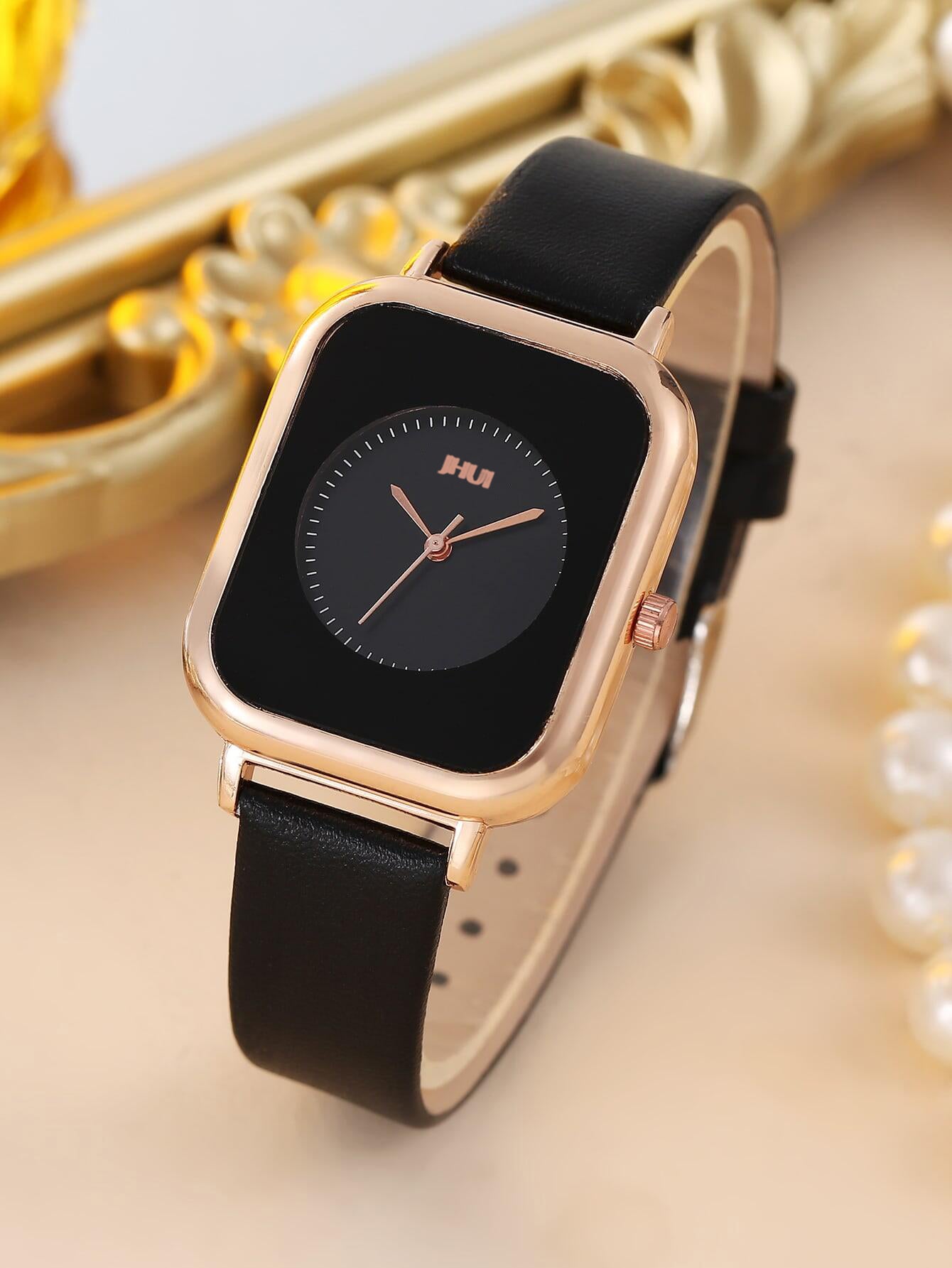 Ganfanry 3pcs Elegant Square Alloy Quartz Watch with PU Strap for Daily Wear