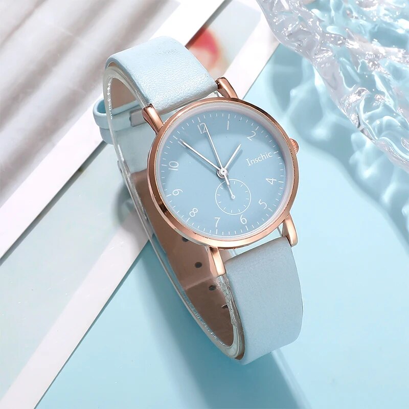 Women's Fashion Quartz Watch Female Clock Leather Band Analog Watches Women Simple Ladies Dress Wrist Watch Jewelry Set