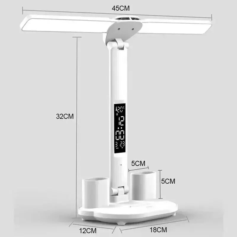 NEWUSB Rechargeable LED Clock Dimmable Desk Lamp 2 Heads 180 Degree Rotation Foldable Desktop Reading Night Light Eye Protection