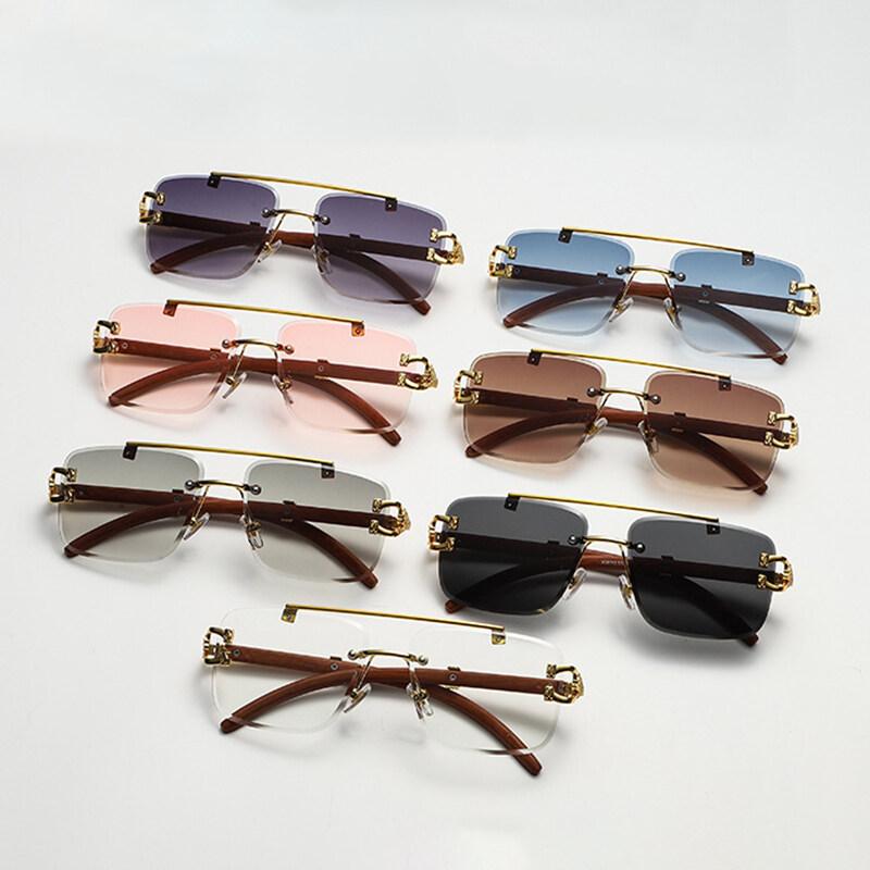 Fashion Retro Design Sunglasses for Men Double Bridge Sunglasses Wood Grain Metal Frame Shades Glasses